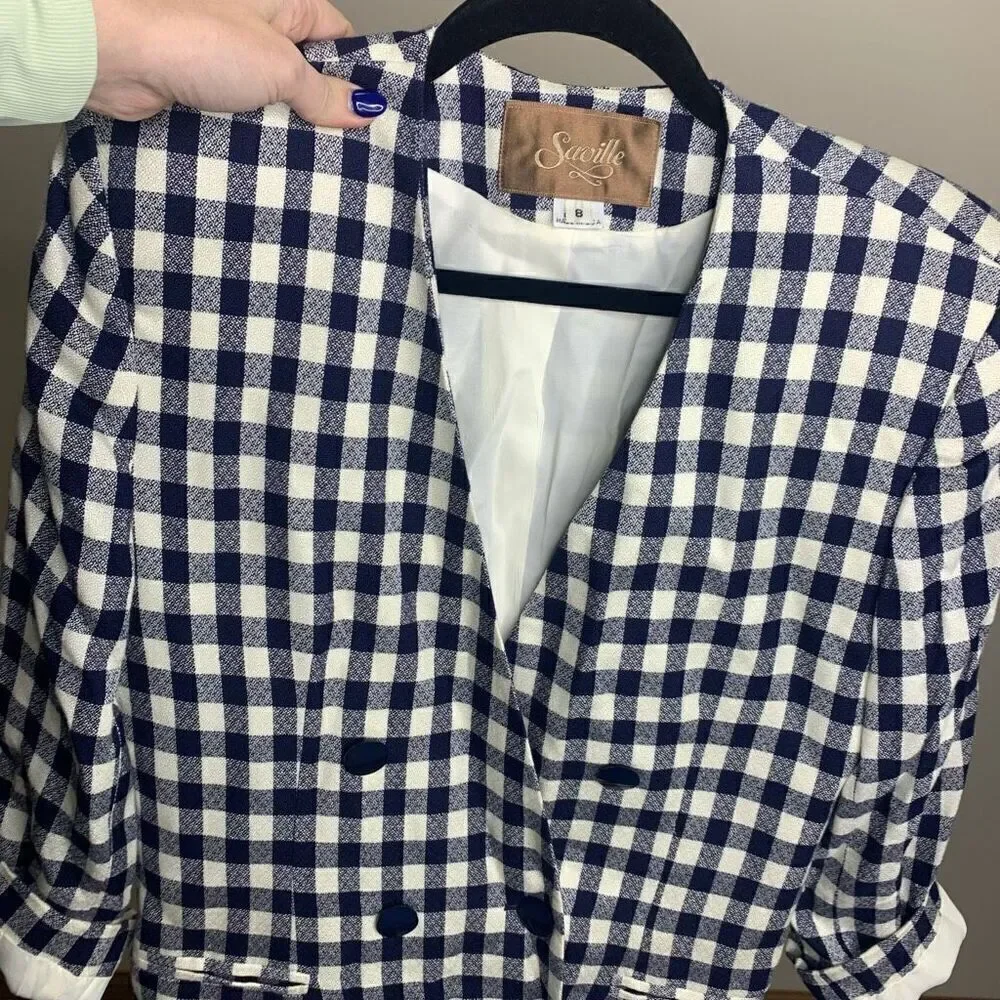 Saville Vintage double breast blazer jacket navy white gingham size 8 (J1)